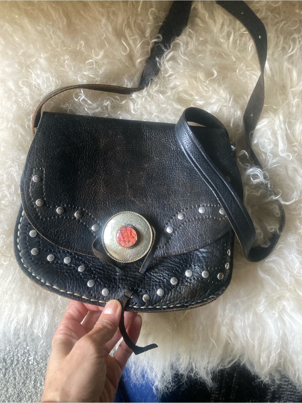 Vintage 70’s studded western boho purse black distressed stone leather strap